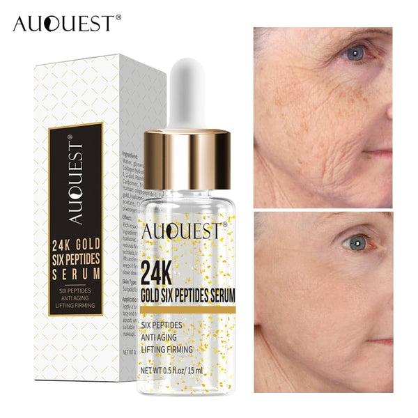 AuQuest 24K Gold Face Serum Skincare Anti Wrinkles Moisturing Whitening Cosmetics Skin Lifting Essence for Face Care 15ml