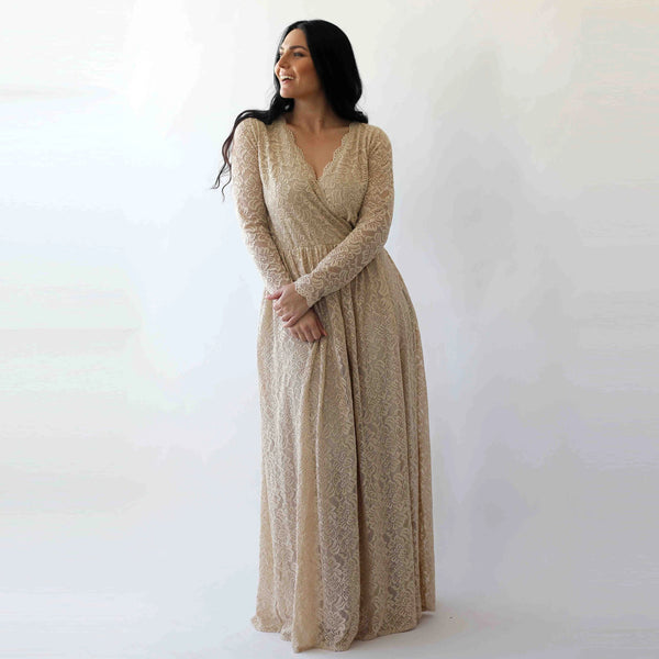 Curve & Plus Size  Champagne Boho Wedding Dress With Pockets #1269