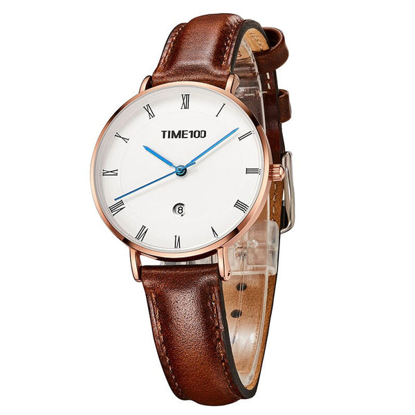 TIME100 Light Luxury Fashion Watch Simple Light Leather Belt Disc Calendar Ladies Watch Retro Wild Quartz Watch Female