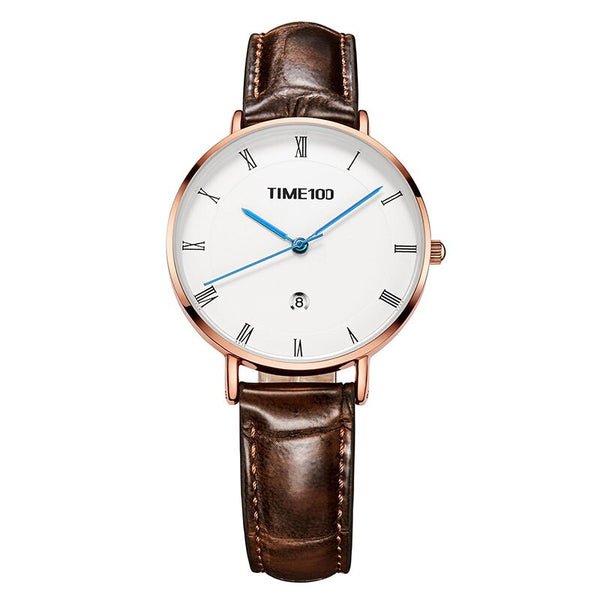 TIME100 Light Luxury Fashion Watch Simple Light Leather Belt Disc Calendar Ladies Watch Retro Wild Quartz Watch Female