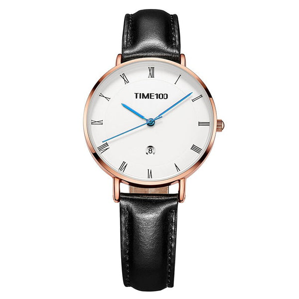 TIME100 Light Luxury Fashion Watch Simple Light Leather Belt Disc Calendar Ladies Watch Retro Wild Quartz Watch Female