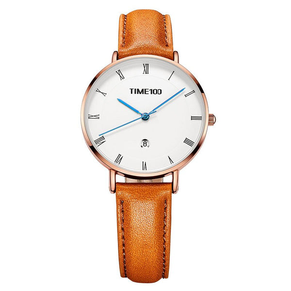 TIME100 Light Luxury Fashion Watch Simple Light Leather Belt Disc Calendar Ladies Watch Retro Wild Quartz Watch Female