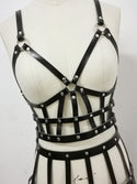 1SET Queen Cool Real Leather Punk Harness Top Bra Belt With Long Caged Skirt Dress Cosplay Roleplay Dancing Performance