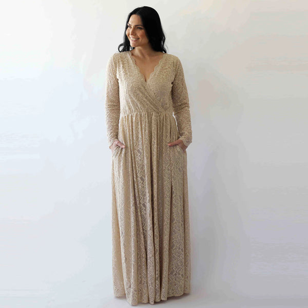 Curve & Plus Size  Champagne Boho Wedding Dress With Pockets #1269