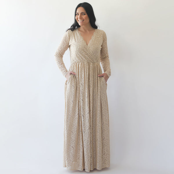 Curve & Plus Size  Champagne Boho Wedding Dress With Pockets #1269