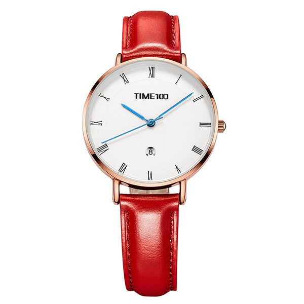 TIME100 Light Luxury Fashion Watch Simple Light Leather Belt Disc Calendar Ladies Watch Retro Wild Quartz Watch Female