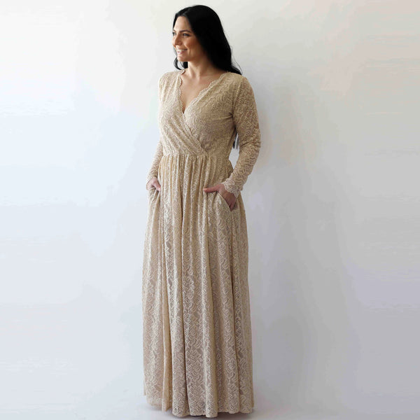 Curve & Plus Size  Champagne Boho Wedding Dress With Pockets #1269