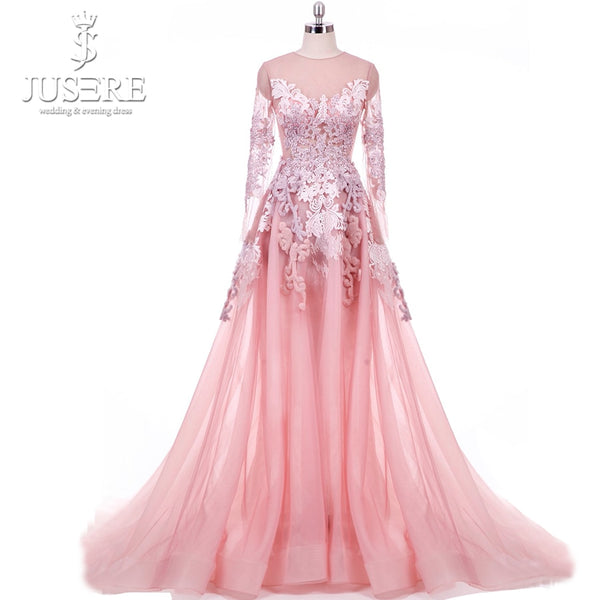 Jusere Jewel Neck Embroidery Appliques Lace Beading Work Fur 3D Hand Made Zipper Back New Long Sleeves Pink Evening Dress 2018