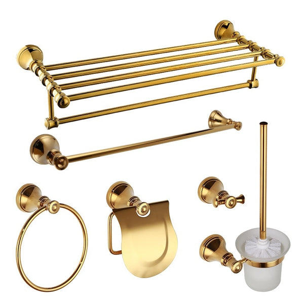 Luxury gold 6-Piece Bathroom Hardware Accessory Set towel rack bar towel ring paper holder Robe hook Toilet brush holder