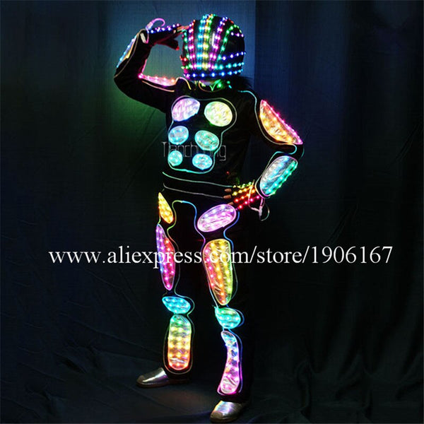 Programmable LED Light Up Optic Fiber Costumes TV Stage Show Glowing Team Dance Performance Clothes RGB Led Luminous Robot Suit