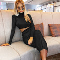 2019 Autumn Women Elegant Two Piece Set Skirt Set Turtleneck Crop Tops Sexy Knitted Festival Party Tracksuit Clothes Streetwear