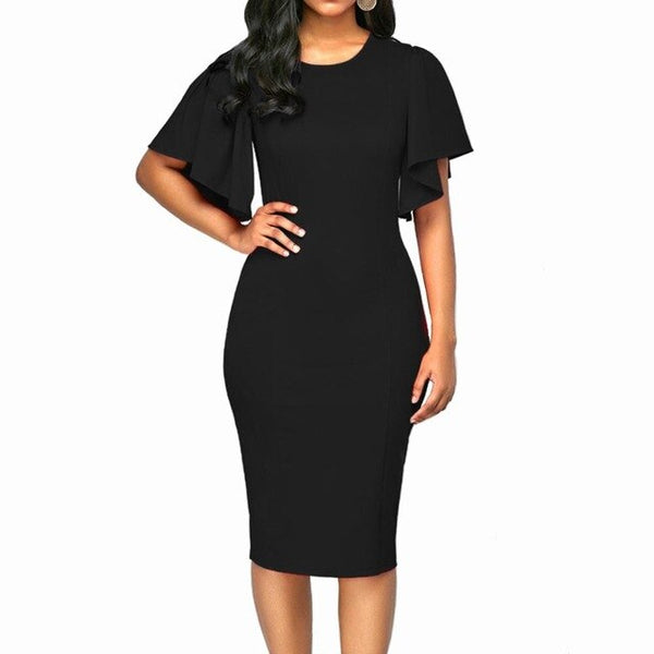 Women Retro Ruffles Sleeve Slim Pencil Dress Office Ladies Plus Size 5XL Solid Sheath Casual Work Business Party Dresses