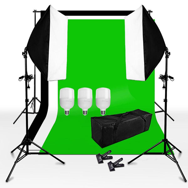 ZUOCHEN Photo Studio White Black Gray Green Screen Backdrop Light Stand Softbox Lighting Kit With 3PCS 25W LED Bulb