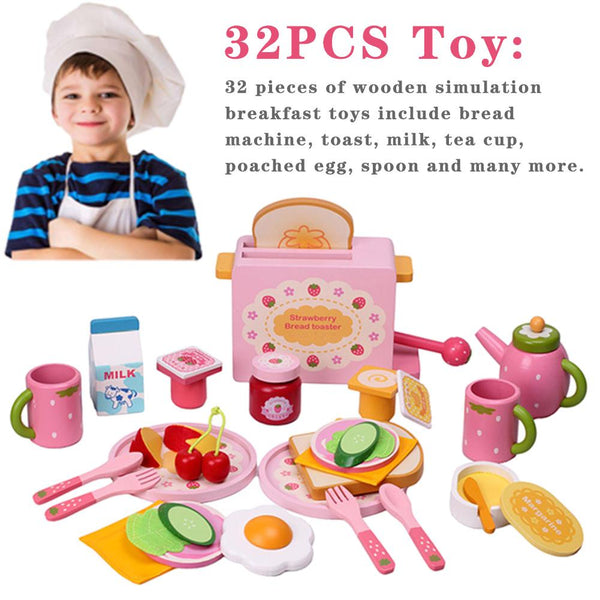 32PCS Kids Kitchen Toys Simulation Wooden Food Toaster Milk Cutlery Pretend Play Game Girls Toys cuisine enfant