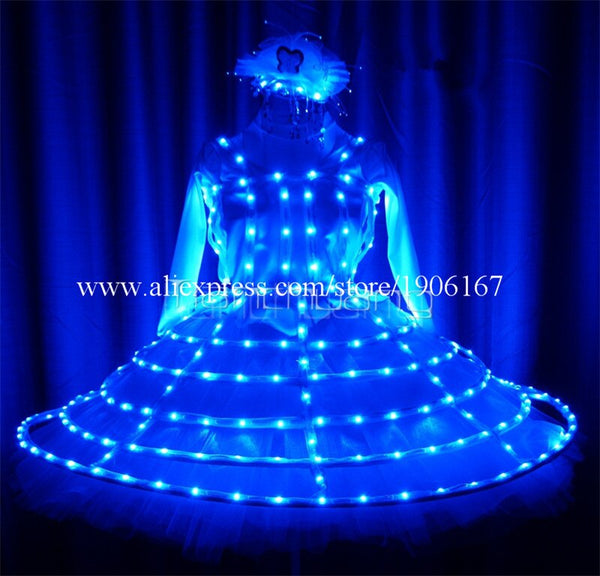 Fullcolor LED Light Up Bubble Skirt with Headware Nightclub Stage Performance Programmable RGB Led Light Up Dance Suit Dress