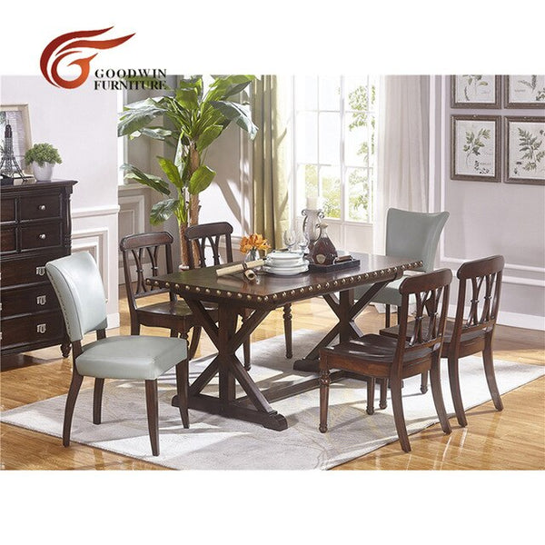 Cheap dining room table and leather wood chair with classic wooden dark color of dining room furniture WA431