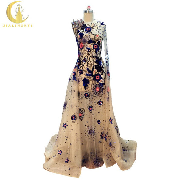 JIALINZEYI Real Sample Image Elie Saab Luxurious Champagne Beads Sequins See Through full Hand work Party dress Evening Dresses