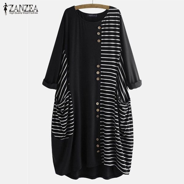 ZANZEA Autumn O Neck Long Sleeve Baggy Sundress Women Striped Dress Elegant Ladies Work Midi Vestido Femme Patchwork Plus Size