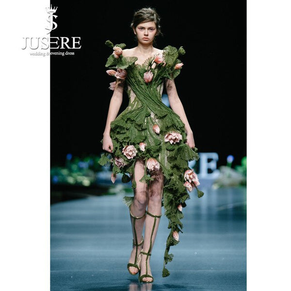 JUSERE 2019 SS FASHION SHOW Green Short Party Dress Embroidery 3D Flower Knee Length Off The Shoulder Formal Gowns vestido