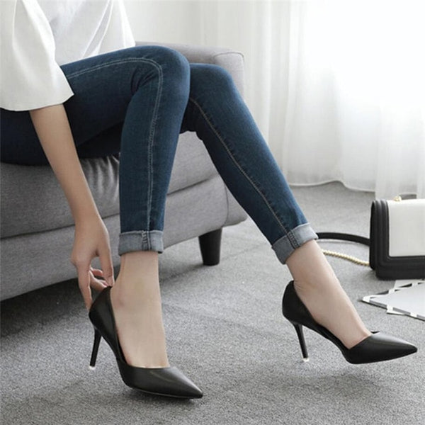 Wild Work Stiletto Pumps PU Leather Nude Black Office Lady High Heels 5cm 7cm Pointed Toe Shoes Women Casual Spring New Tacones