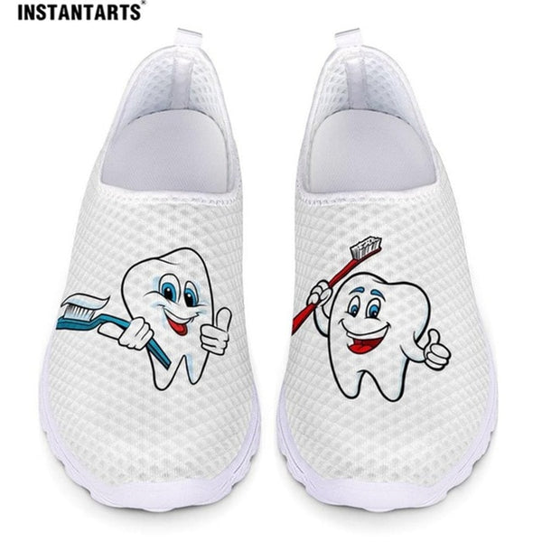 INSTANTARTS Cute Cartoon Tooth Pattern Women Slip On Sneakers Dentist Mesh Ladies Shoes Light Casual Summer Beach Water Loafers