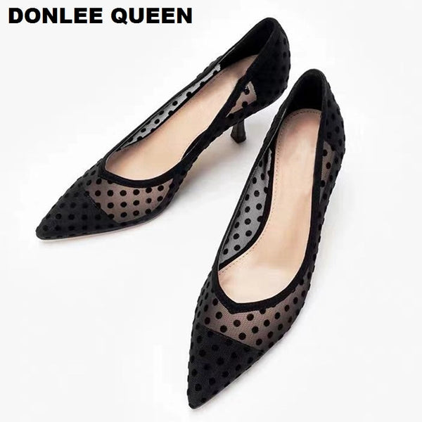 2020 Spring Thin Heels Pumps Shoes Women Pointed Toe High Heel Work Shoes Polka Dot Mesh Vintage Elegant Shallow Pumps For Party