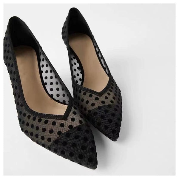 2020 Spring Thin Heels Pumps Shoes Women Pointed Toe High Heel Work Shoes Polka Dot Mesh Vintage Elegant Shallow Pumps For Party