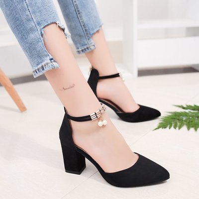 Concise Elegant Pointed High Heels Fashion Comfort Thick with Womens Shoes Black Suede Single Shoes Professional Work Shoes