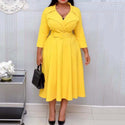 Office Ladies Deep V Neck Turn Down Collar High Waist Belted Fashion Yellow Women African Ladies Work Wear Plus Size Midi Dress