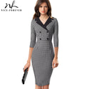Nice-forever Vintage Houndstooth Patchwork Office Work vestidos with Button Business Party Women Bodycon Dress B570