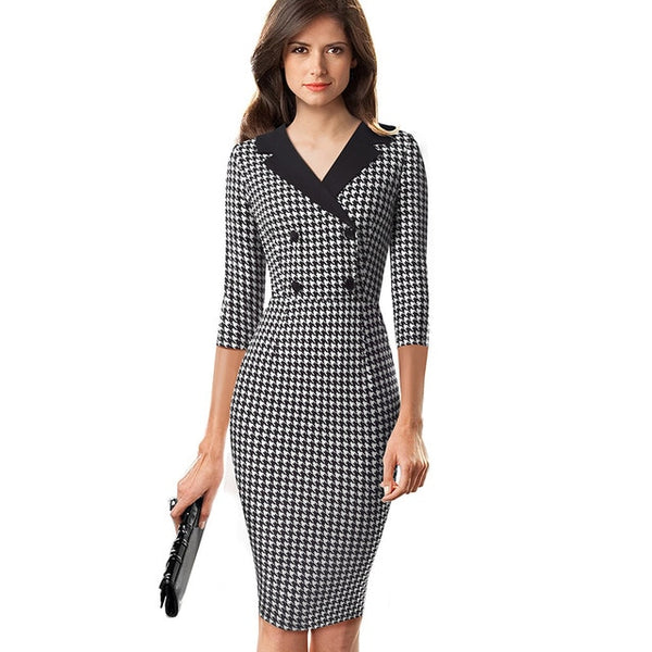 Nice-forever Vintage Houndstooth Patchwork Office Work vestidos with Button Business Party Women Bodycon Dress B570