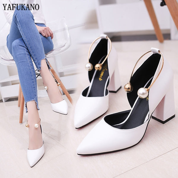 Women Pumps Elegant Pearl High Heels 2020 New White Thick With Single Shoes Middle Hollow Fashion Simple Woman Work Shoes