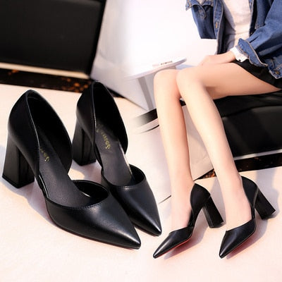 Women Pumps Elegant Pearl High Heels 2020 New White Thick With Single Shoes Middle Hollow Fashion Simple Woman Work Shoes