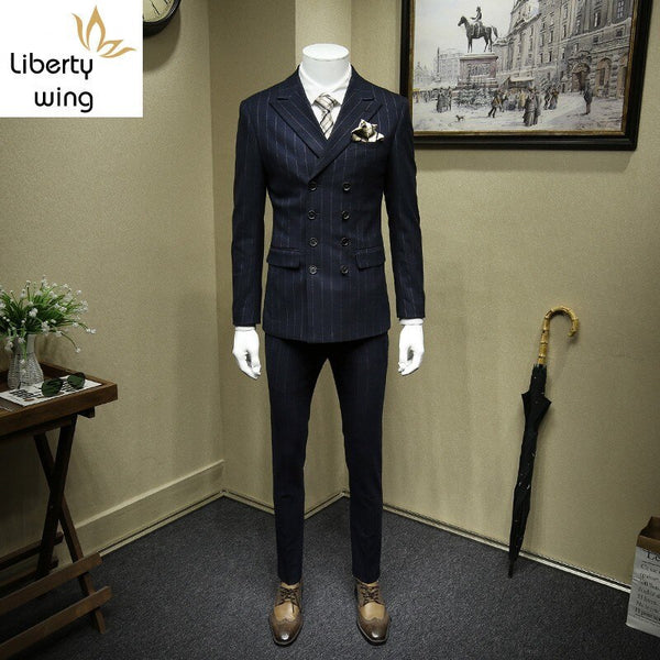Formal Business Man Office Work 3pcs Dress Suit Groom Striped Slim Fit Double Breasted Wedding Suits High Quality Costume Homme