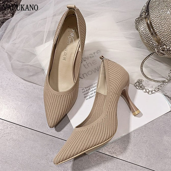 Fashion Knitted Breathable Women Pumps 2020 New Pointed Toe High Heels Lady Shoes Wild Comfortable Thin Heel Office Work Shoes