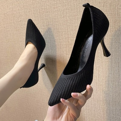 Fashion Knitted Breathable Women Pumps 2020 New Pointed Toe High Heels Lady Shoes Wild Comfortable Thin Heel Office Work Shoes