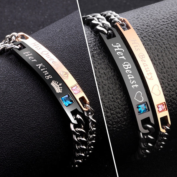 2 Style His Queen Her King Black Rose Gold Color Women's Male Chain Crystal Couple Bracelet for Men Femmo on Hands Jewelry