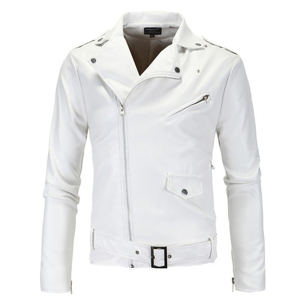 Spring Fashion Motorcycle Leather Jacket Men Slim Fit Oblique Zipper PU Jacket Autumn Men Leather Jackets Coats Black White