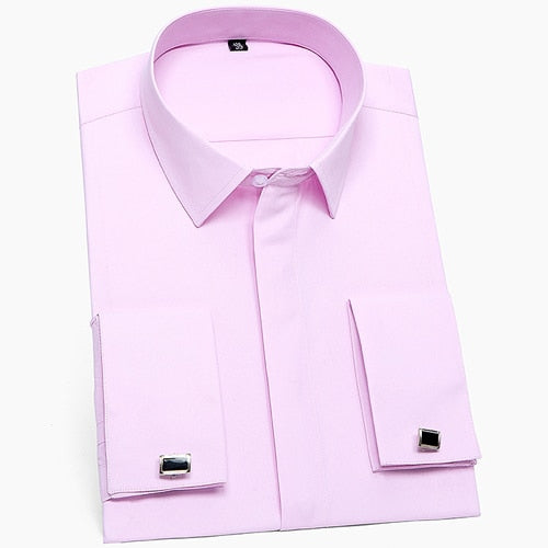 Men's Classic French Cuffs Solid Dress Shirt Covered Placket Formal Business Standard-fit Long Sleeve Office Work White Shirts