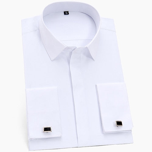 Men's Classic French Cuffs Solid Dress Shirt Covered Placket Formal Business Standard-fit Long Sleeve Office Work White Shirts
