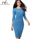Nice-forever Vintage Pure Color Wear to Work Knot vestidos Business Party Women Elegant Office Female Bodycon Dress B476