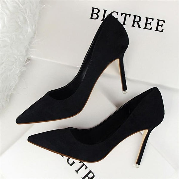 BIGTREE Solid Flock Shallow High Heels Woman Shoes Pointed Toe Office Work Shoes For Women 9 Colors Ladies Concise Pumps