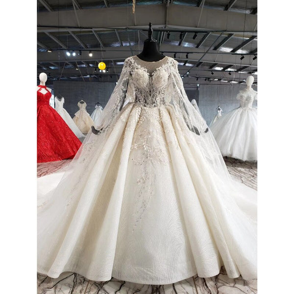 BGW HT41316 Vintage Wedding Dress With Cape Illusion O-neck Sleeve Shawl Lace Up Back Bride Wedding Gowns Luxury Robe Mariee