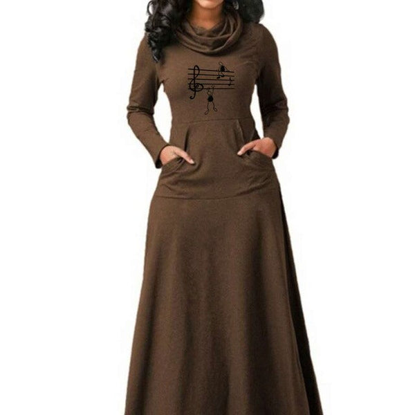 Music Notes Long Sleeve Woman Dress Print Fit and Flare Vintage Ladies Office Work Elegant Dresses Casual Party Vestido
