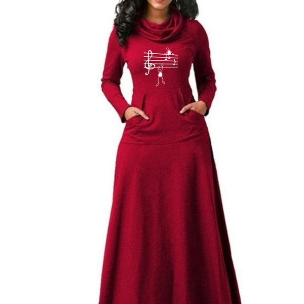 Music Notes Long Sleeve Woman Dress Print Fit and Flare Vintage Ladies Office Work Elegant Dresses Casual Party Vestido