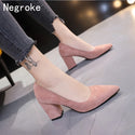 New Women Pumps Flock Sweet Thick High Heels Female Sexy Office Pointed Toe Dress Work Pump Cute Shoes Ladies Footwear