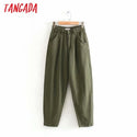 Tangada fashion women loose mom jeans long trousers pockets zipper loose streetwear female blue denim pants 4M38