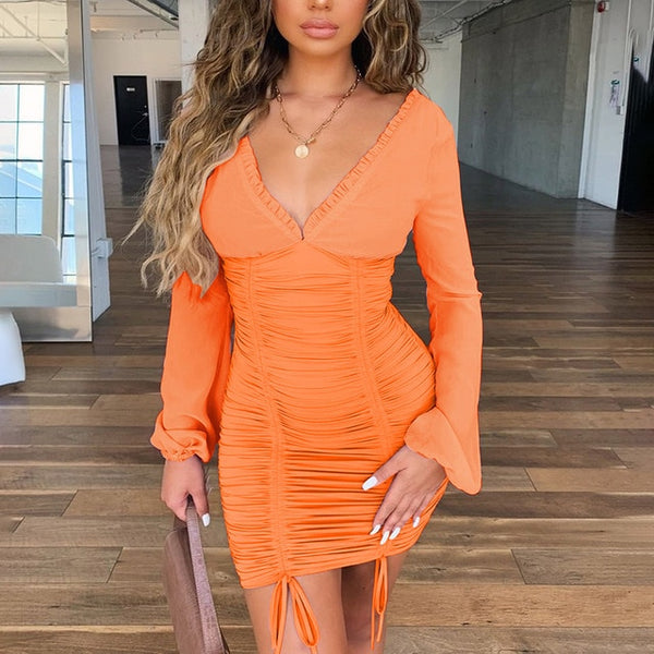 Articat Chiffon Summer Autumn Dress Women 2020 Sexy Long Sleeve Slim Elastic Bodycon Bandage Dress Short Pleated Party Dresses