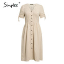 Simplee Sexy v-neck cotton women summer dress Elegant buttons puff sleeve female solid sundress Office work ladies midi dresses