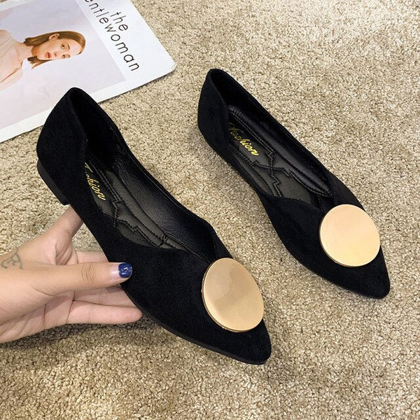 Women Pointed Toe Flats Comfort Casual Wild Classic Flat Shoes Fashion Metal Slip On Black Shoes Outdoor Party Office Work Shoes